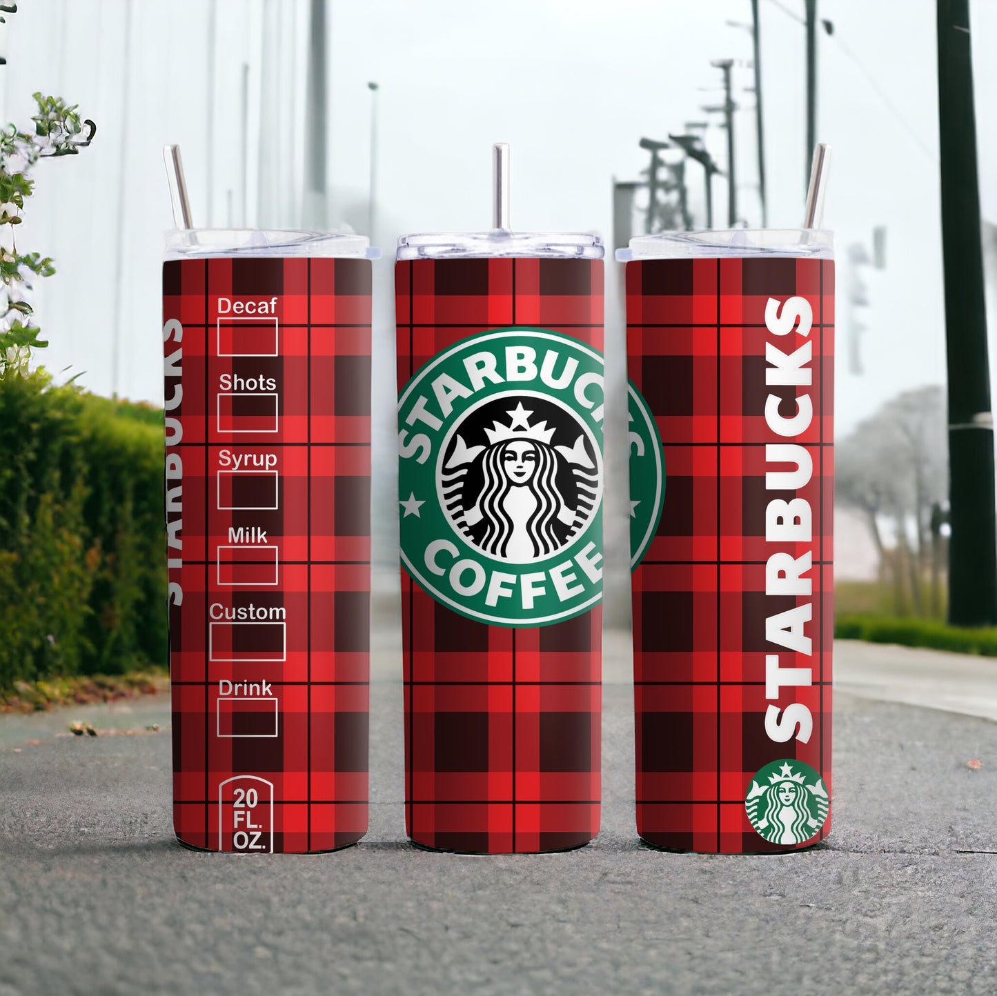 Vaso delgado con cuadros rojos inspirado en Starbucks