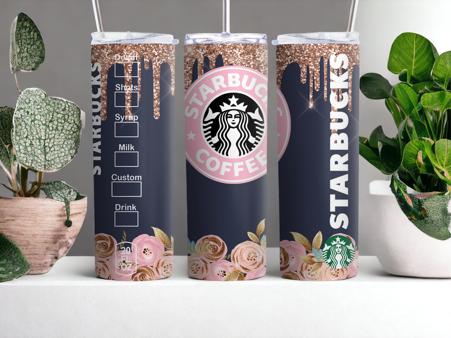 Vaso con diseño floral rosa y azul inspirado en Starbucks