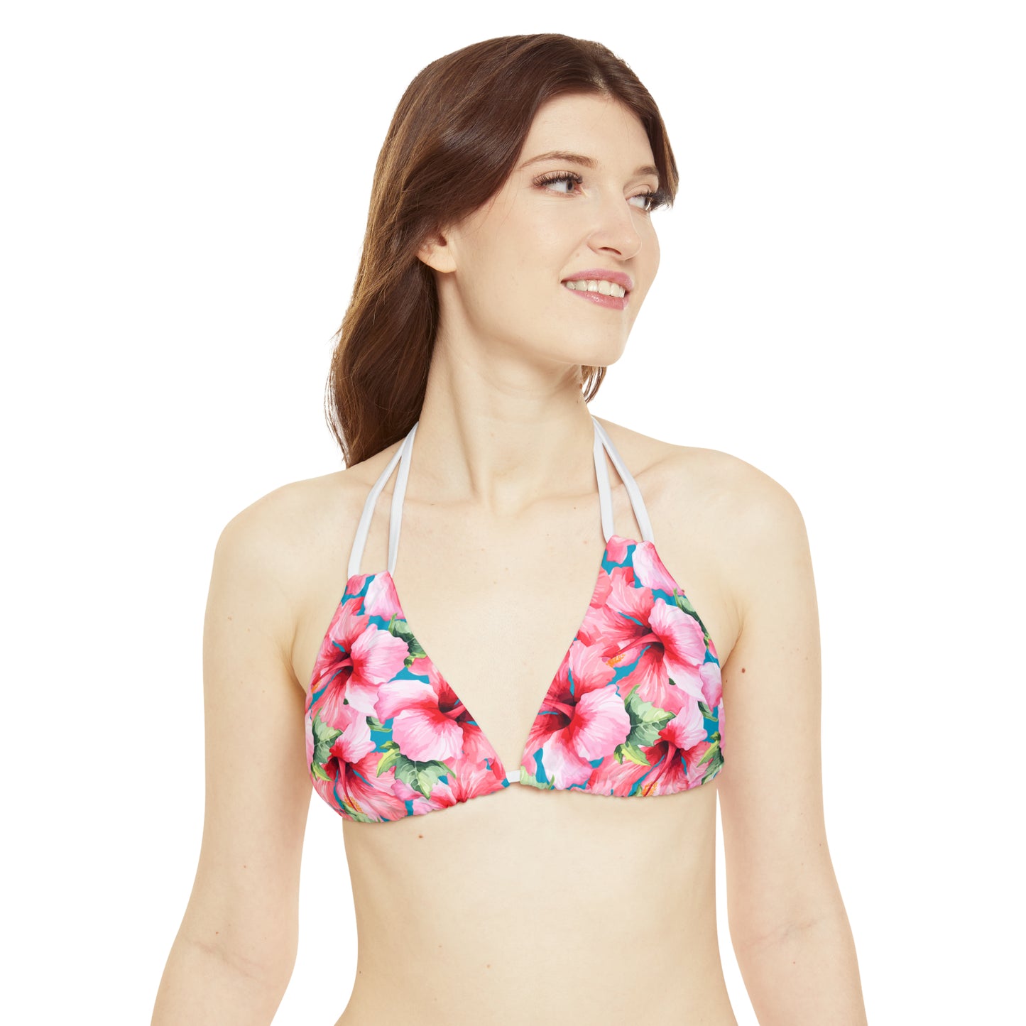 Conjunto de bikini con tiras de hibisco rosa para mujer