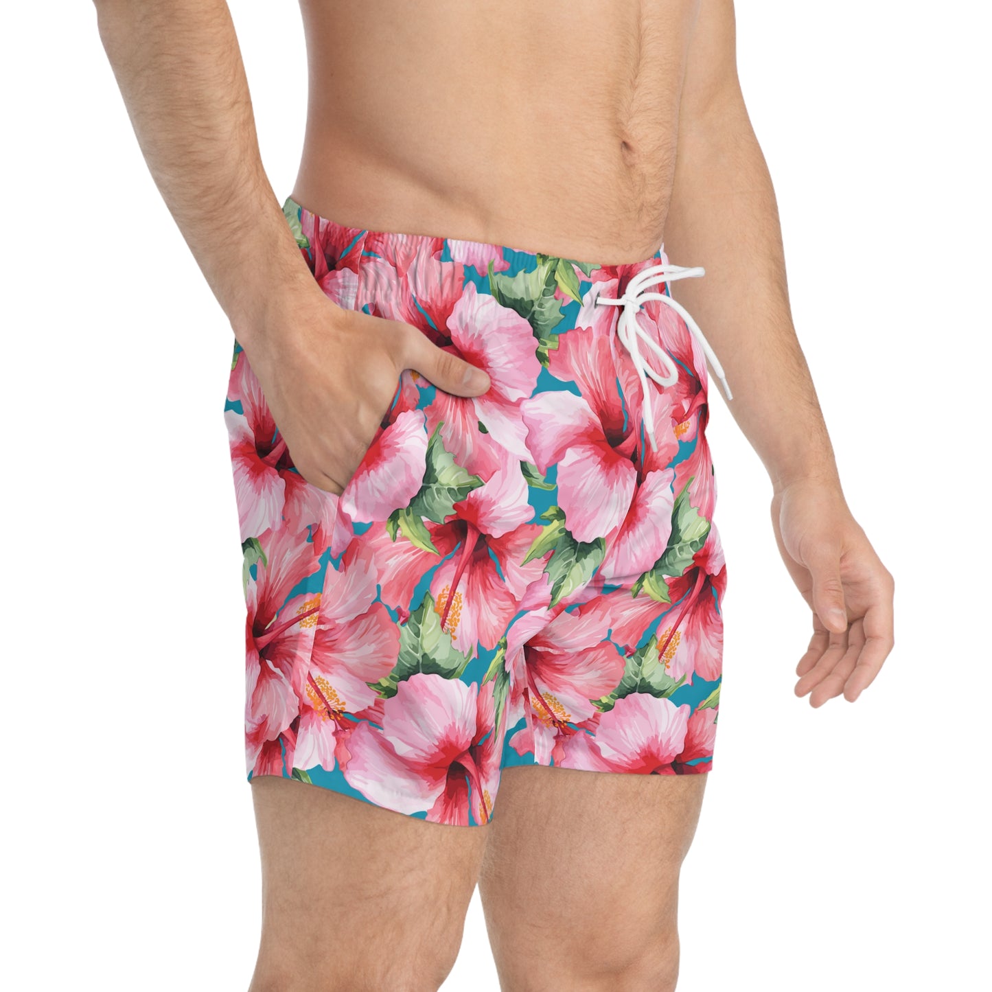 Mens Pink Hibiscus Swimming Trunks