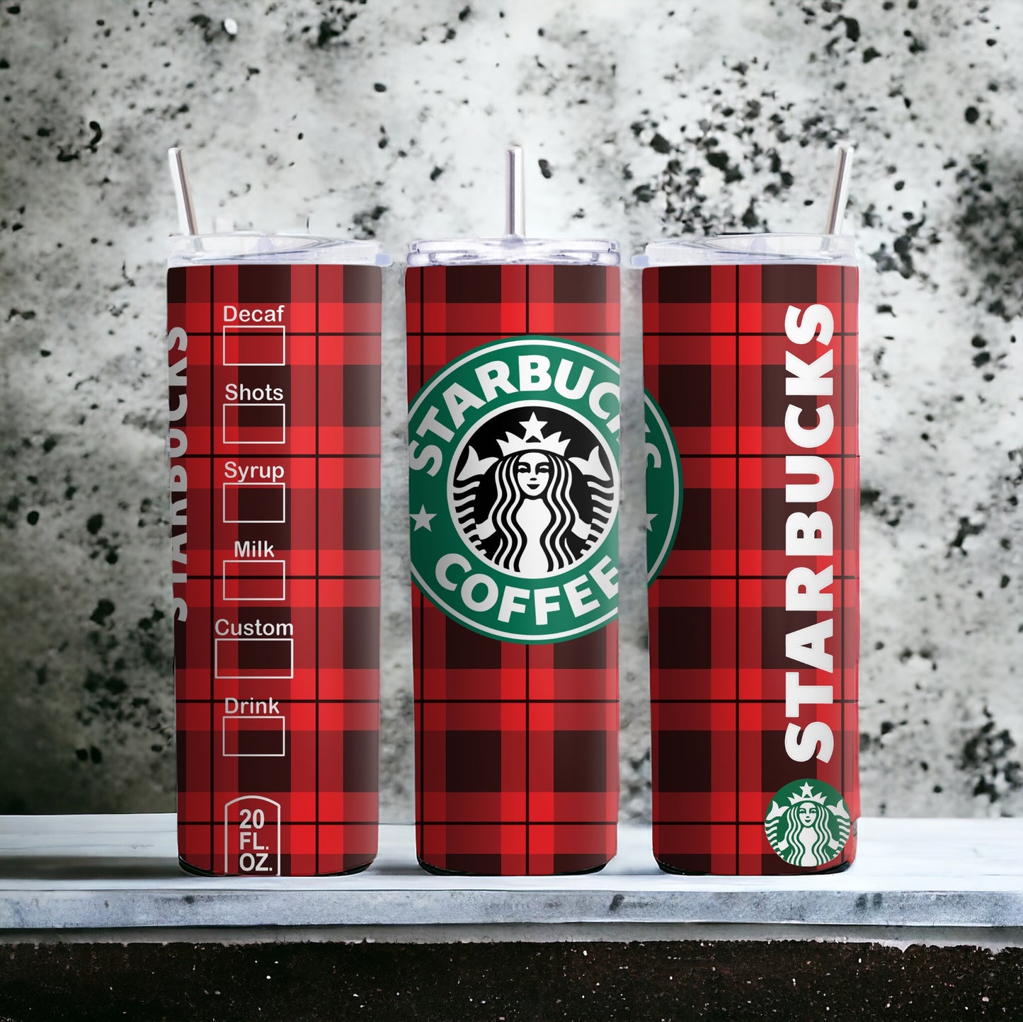 Vaso delgado con cuadros rojos inspirado en Starbucks