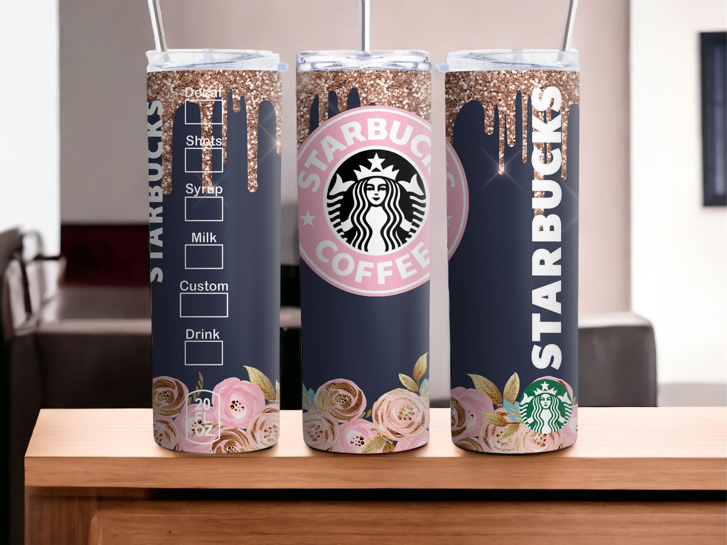 Vaso con diseño floral rosa y azul inspirado en Starbucks
