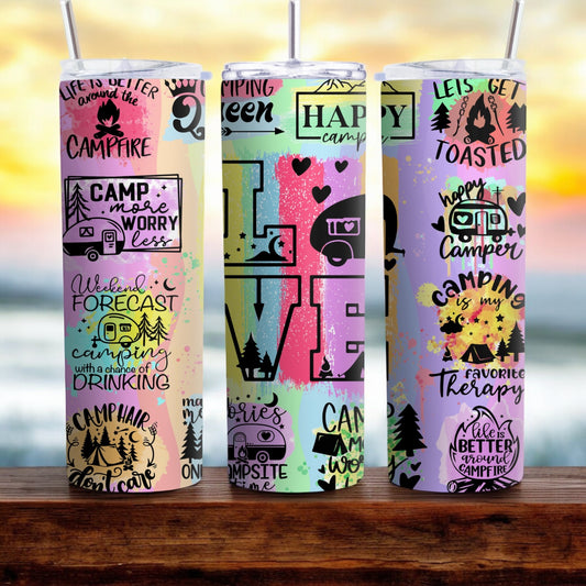 Vaso delgado de 20 oz con temática de camping: ¡perfecto para los amantes de los campamentos!