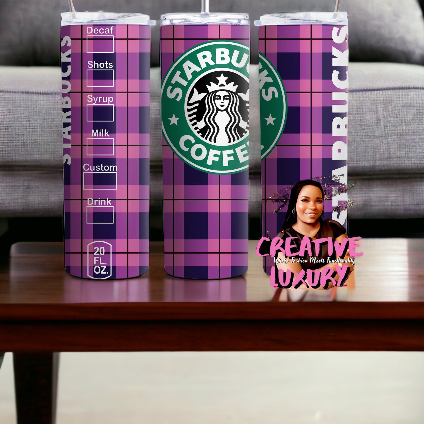 Vaso delgado con cuadros rosas inspirado en Starbucks