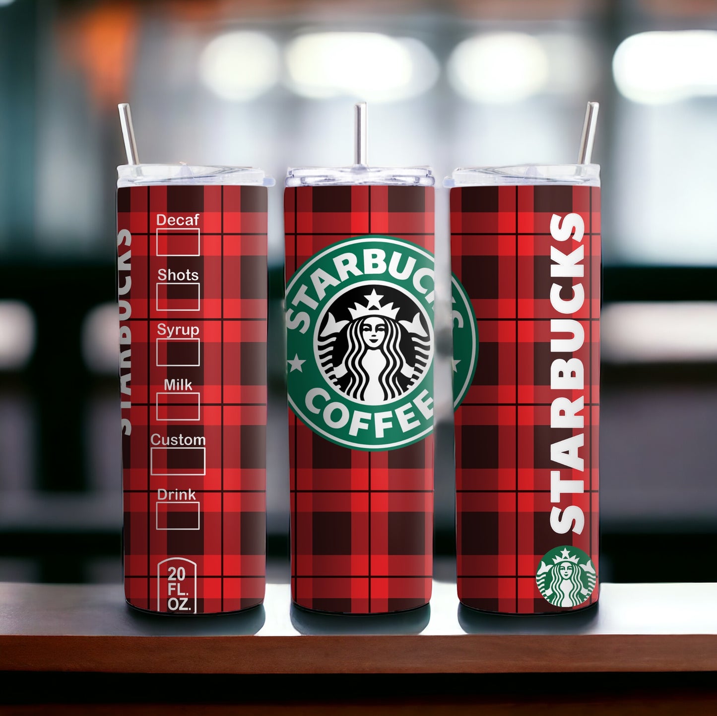 Vaso delgado con cuadros rojos inspirado en Starbucks