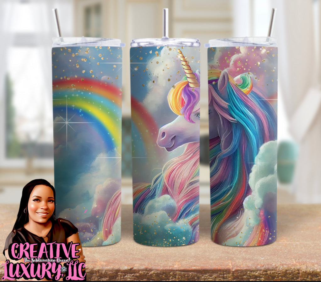 Vaso delgado de 20 oz con diseño de arcoíris y unicornio