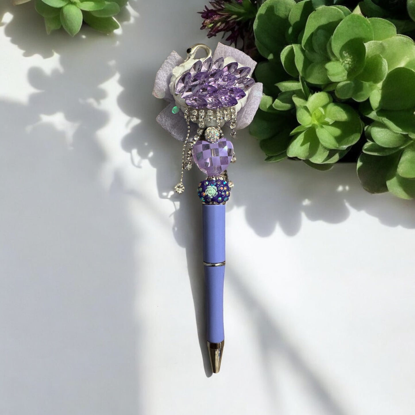 Glamorous Purple Refillable Pen with Swan Topper & Rhinestone Accent πβ¨
