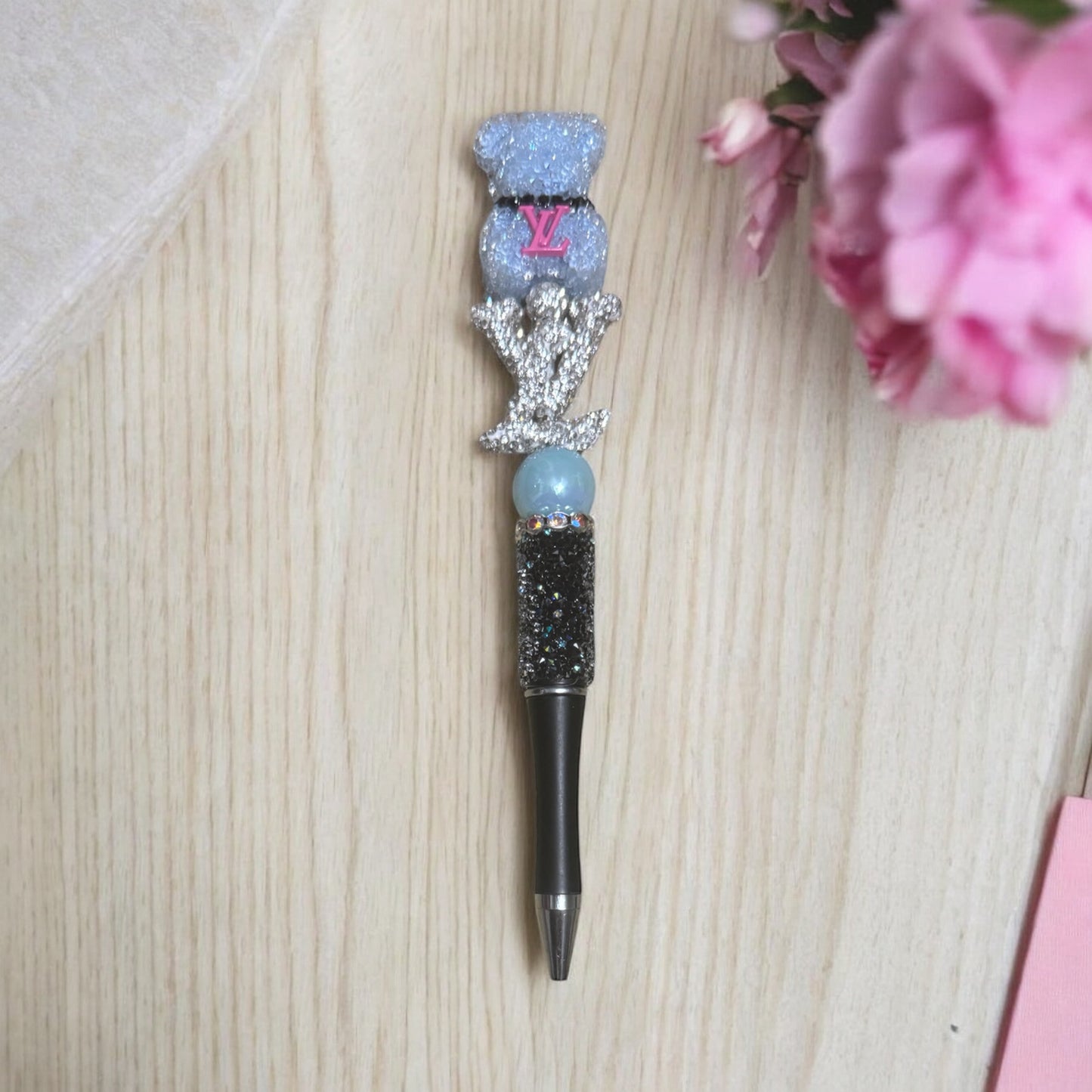 Designer-Inspired Refillable Pen with Blue Teddy Bear Topper & Rhinestone Accent π