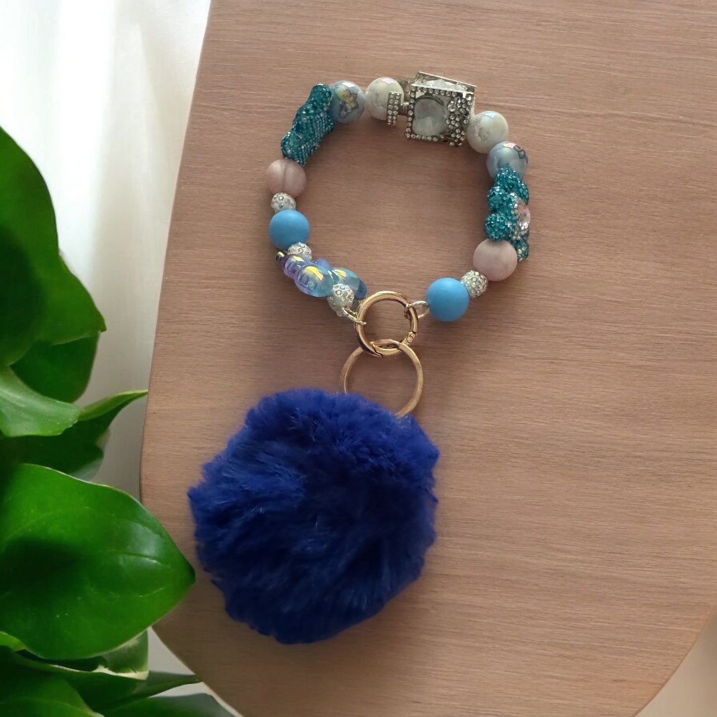 Rhinestone Bear Keychain Wristlet With Pom Pom