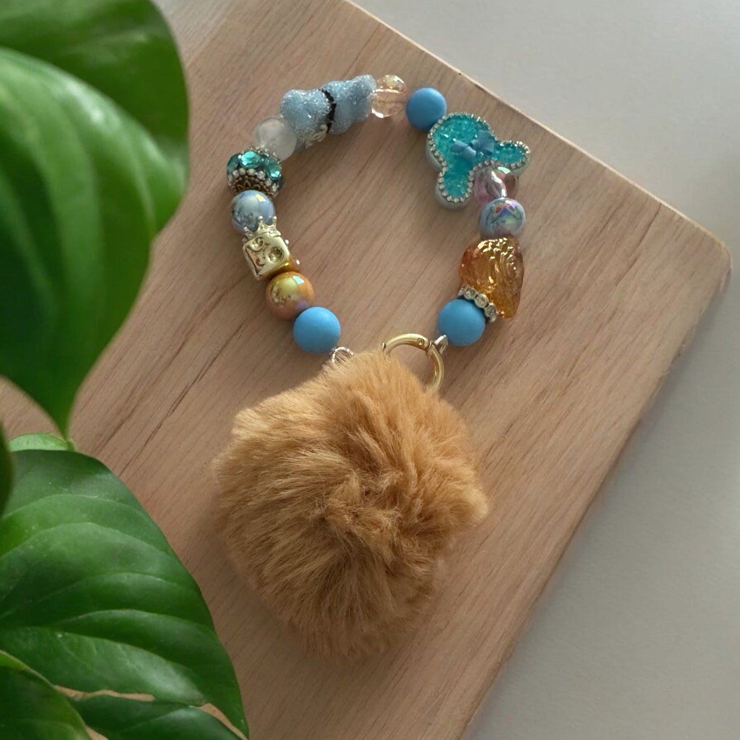 Custom Beaded Keychain Wristlet with Pom-Pom Charm