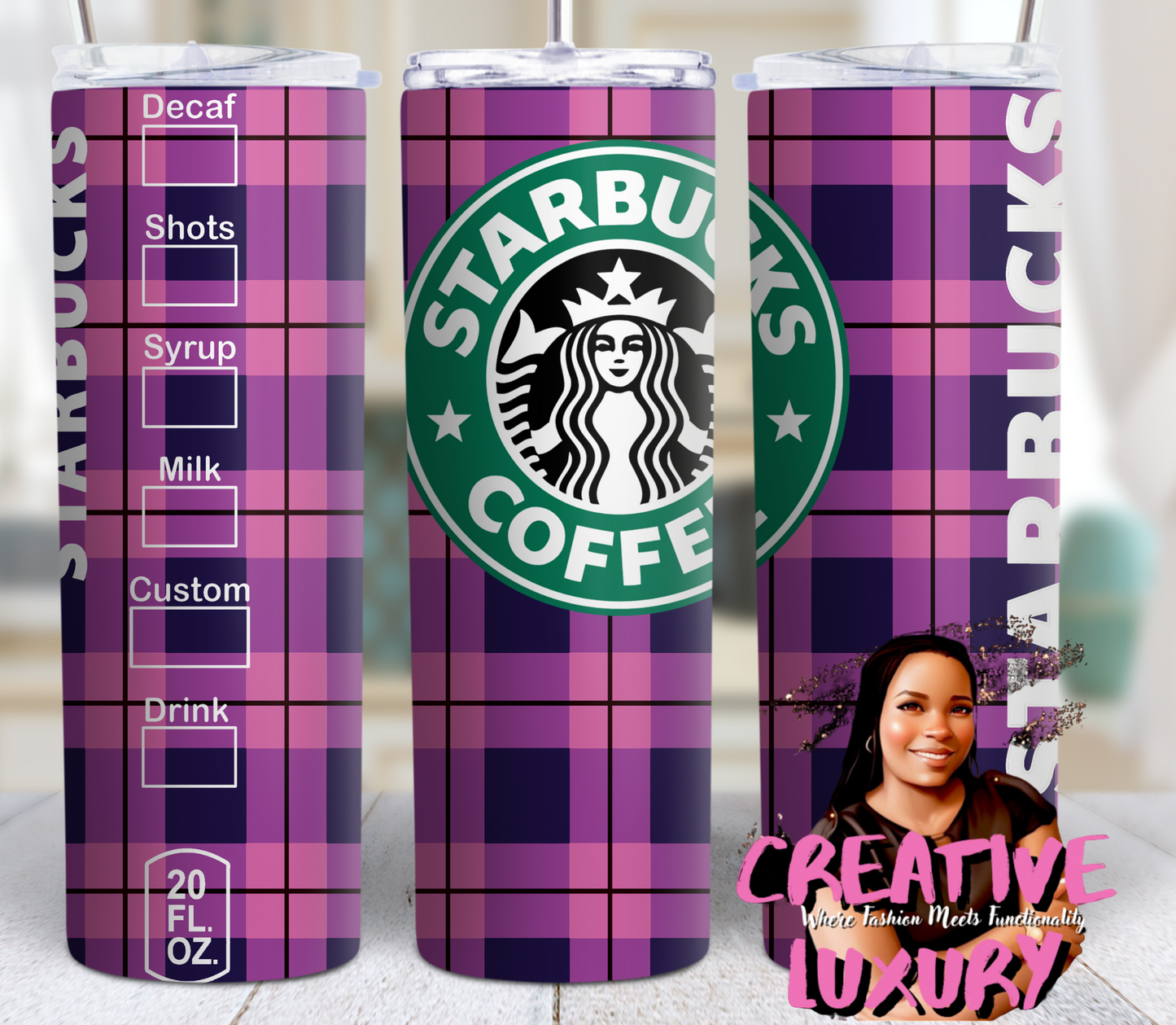 Vaso delgado con cuadros rosas inspirado en Starbucks