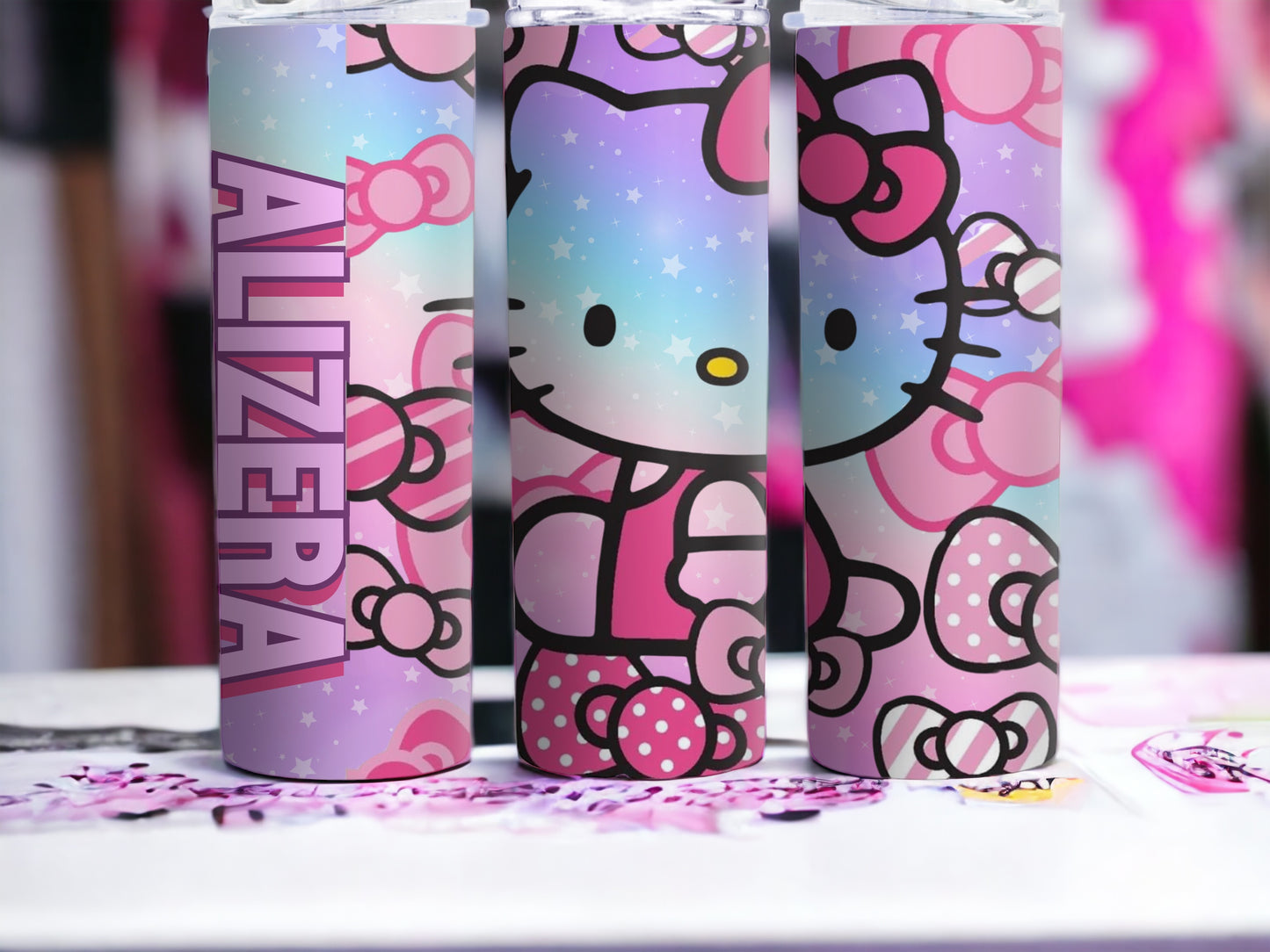 Vaso delgado personalizable de 20 oz inspirado en Hello Kitty