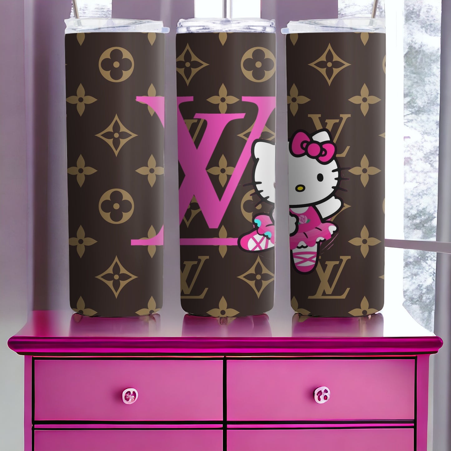 Hello Kitty Designer Inspired, Luxury Tumbler, Tumbler 20oz Skinny, Skinny Tumbler 20oz ,Logo Tumbler, Fashion Brand Logo, Tumbler
