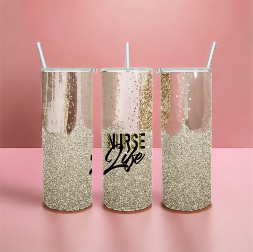 Vaso delgado de 20 oz con brillo dorado rosa