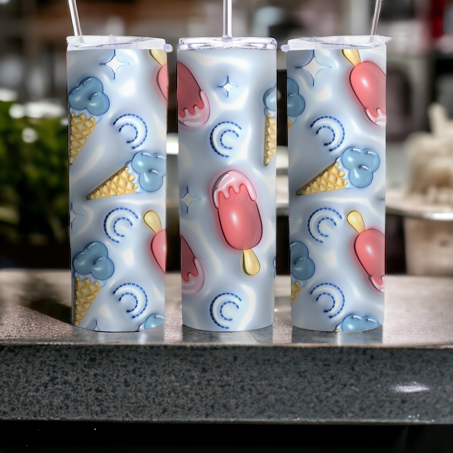 Vaso delgado de 20 oz con helado en 3D de color azul