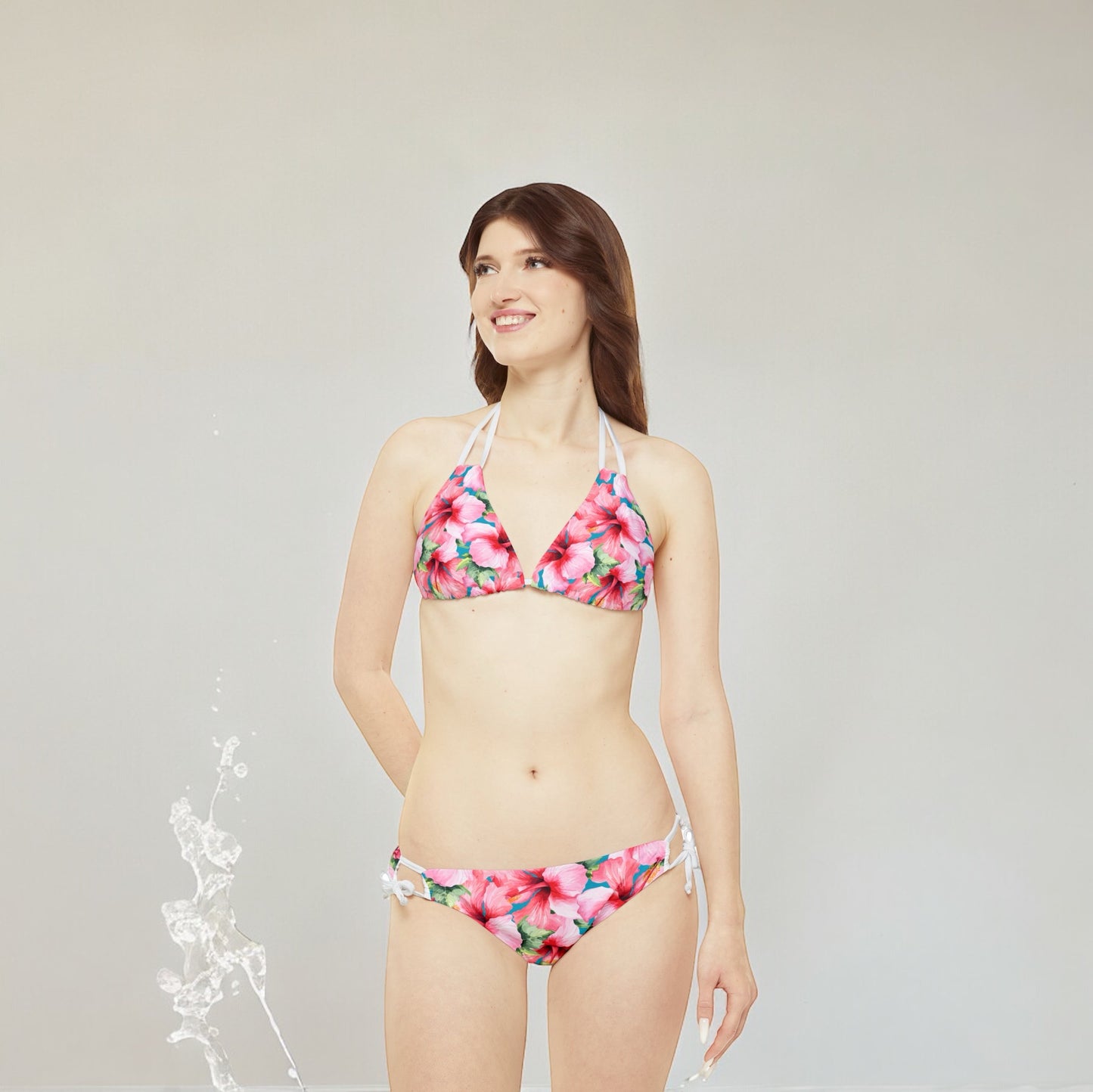 Conjunto de bikini con tiras de hibisco rosa para mujer