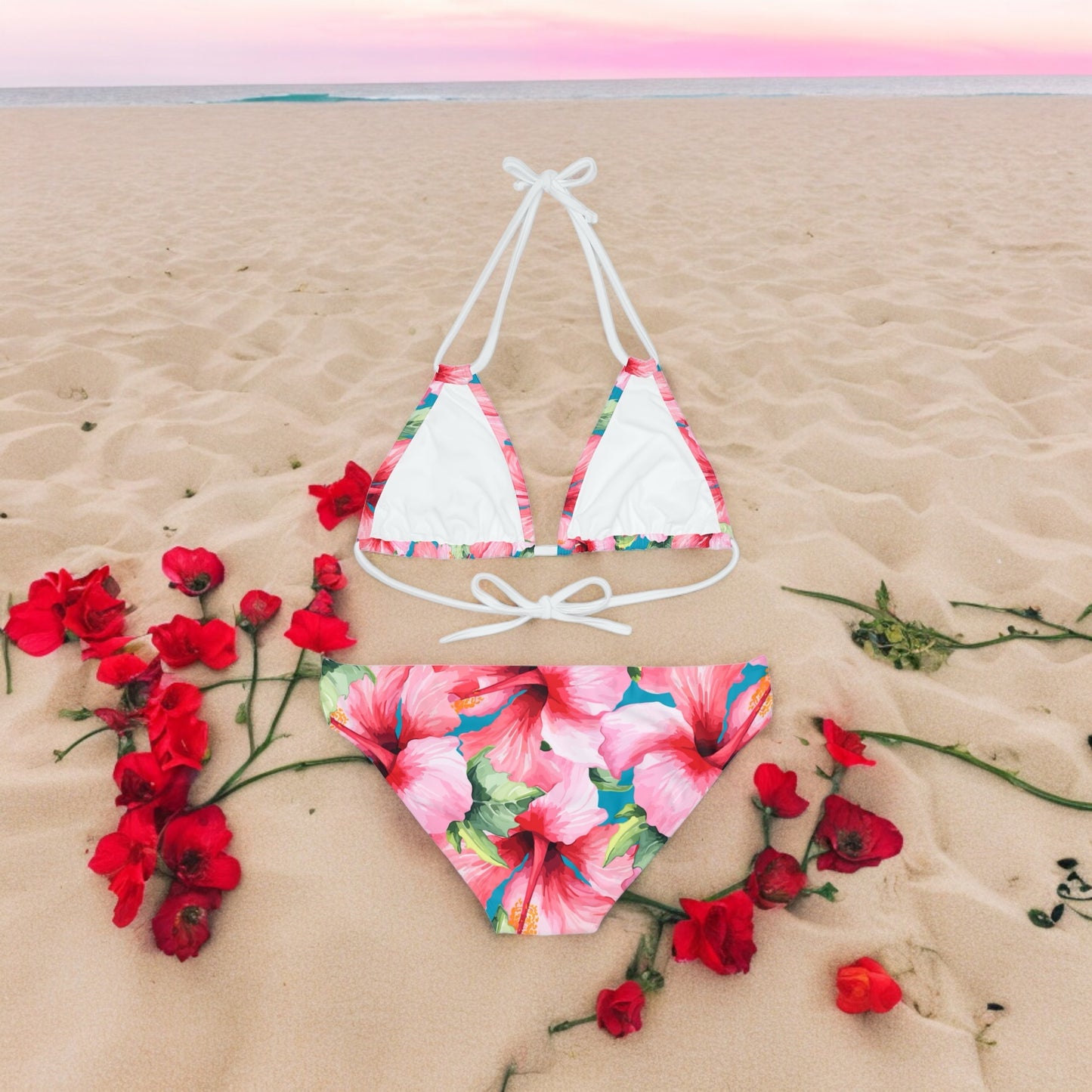 Conjunto de bikini con tiras de hibisco rosa para mujer