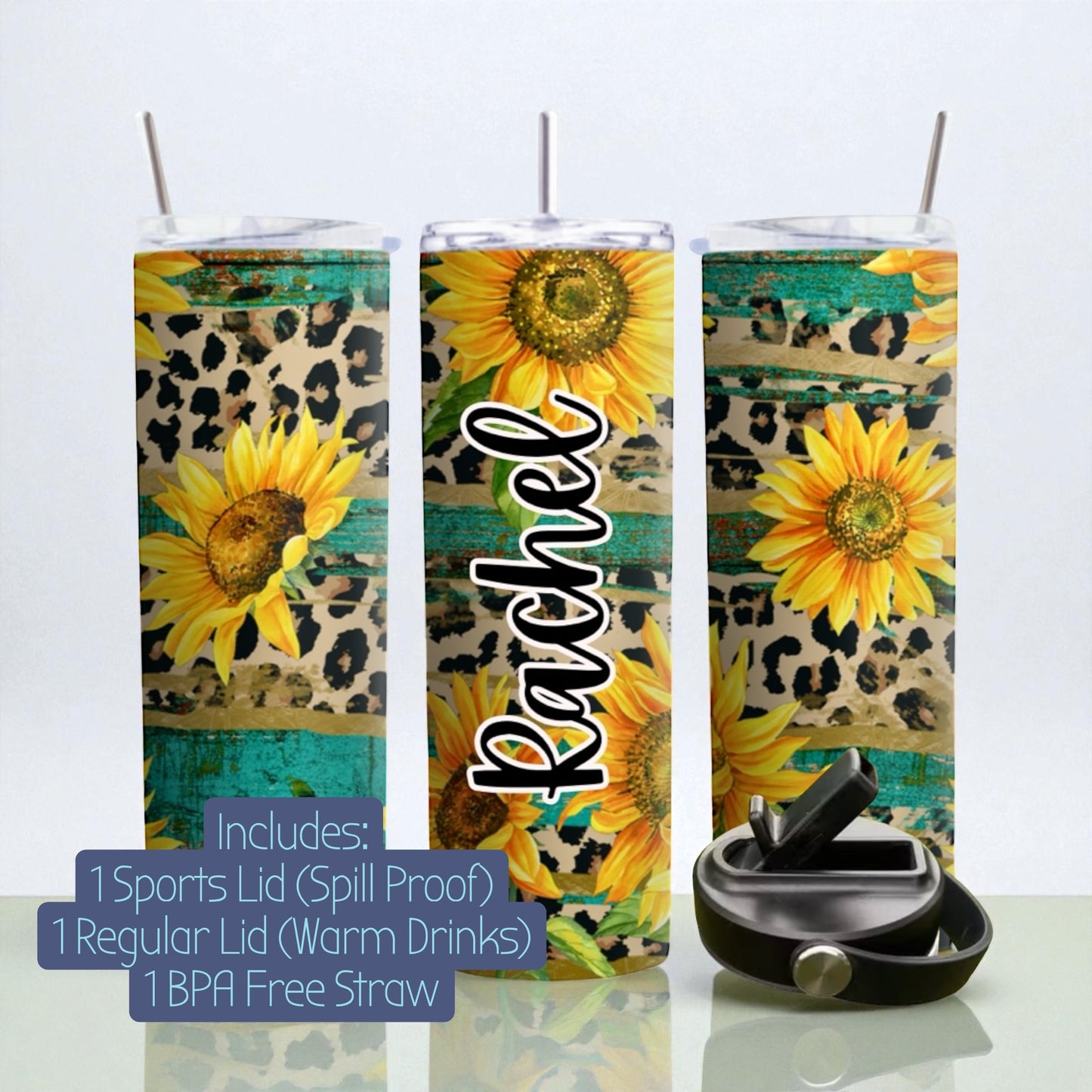 ✨ Personalized Sunflower Tumbler — Vibrant Blue • Includes 2 Lids ✨