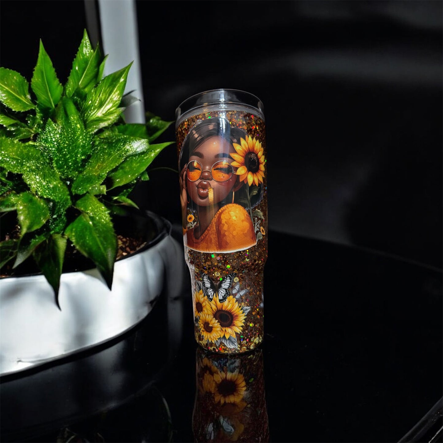 🌻Sunflower Glitter Tumbler Set, 40 oz Acrylic Cup & 20 oz Glass Snow Globe Jar, Cute Black Girl Drinkware Gift