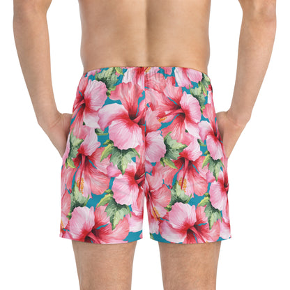 Mens Pink Hibiscus Swimming Trunks