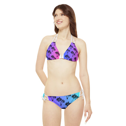 Conjunto de bikini con tiras y diseño de palmeras para él y para ella