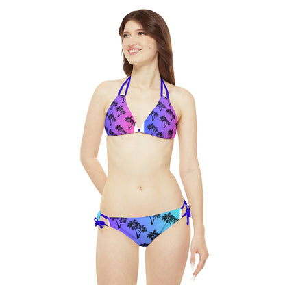 Conjunto de bikini con tiras y diseño de palmeras para él y para ella