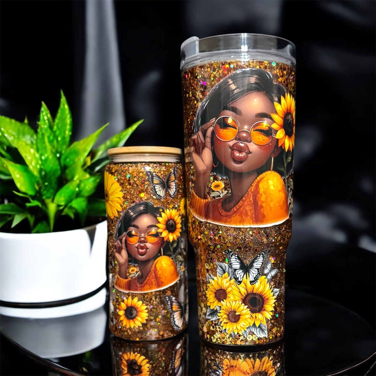 🌻Sunflower Glitter Tumbler Set, 40 oz Acrylic Cup & 20 oz Glass Snow Globe Jar, Cute Black Girl Drinkware Gift