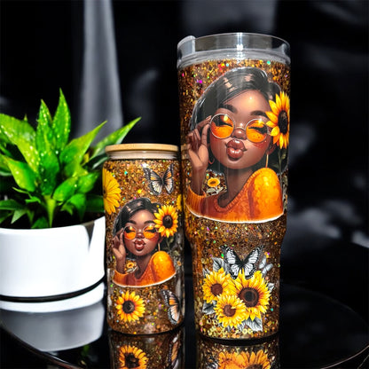 🌻Sunflower Glitter Tumbler Set, 40 oz Acrylic Cup & 20 oz Glass Snow Globe Jar, Cute Black Girl Drinkware Gift