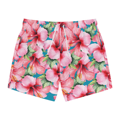 Mens Pink Hibiscus Swimming Trunks