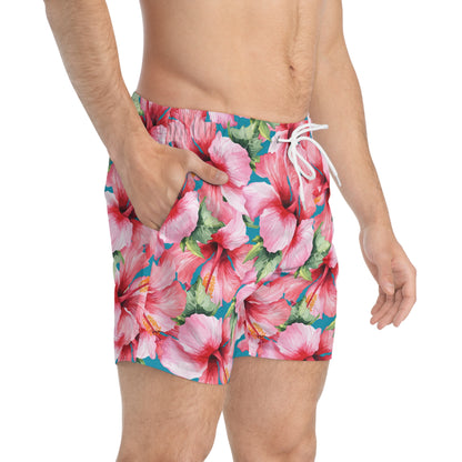 Mens Pink Hibiscus Swimming Trunks