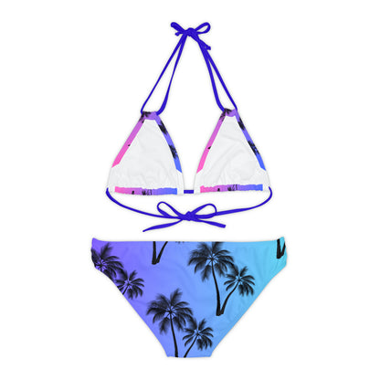 Conjunto de bikini con tiras y diseño de palmeras para él y para ella