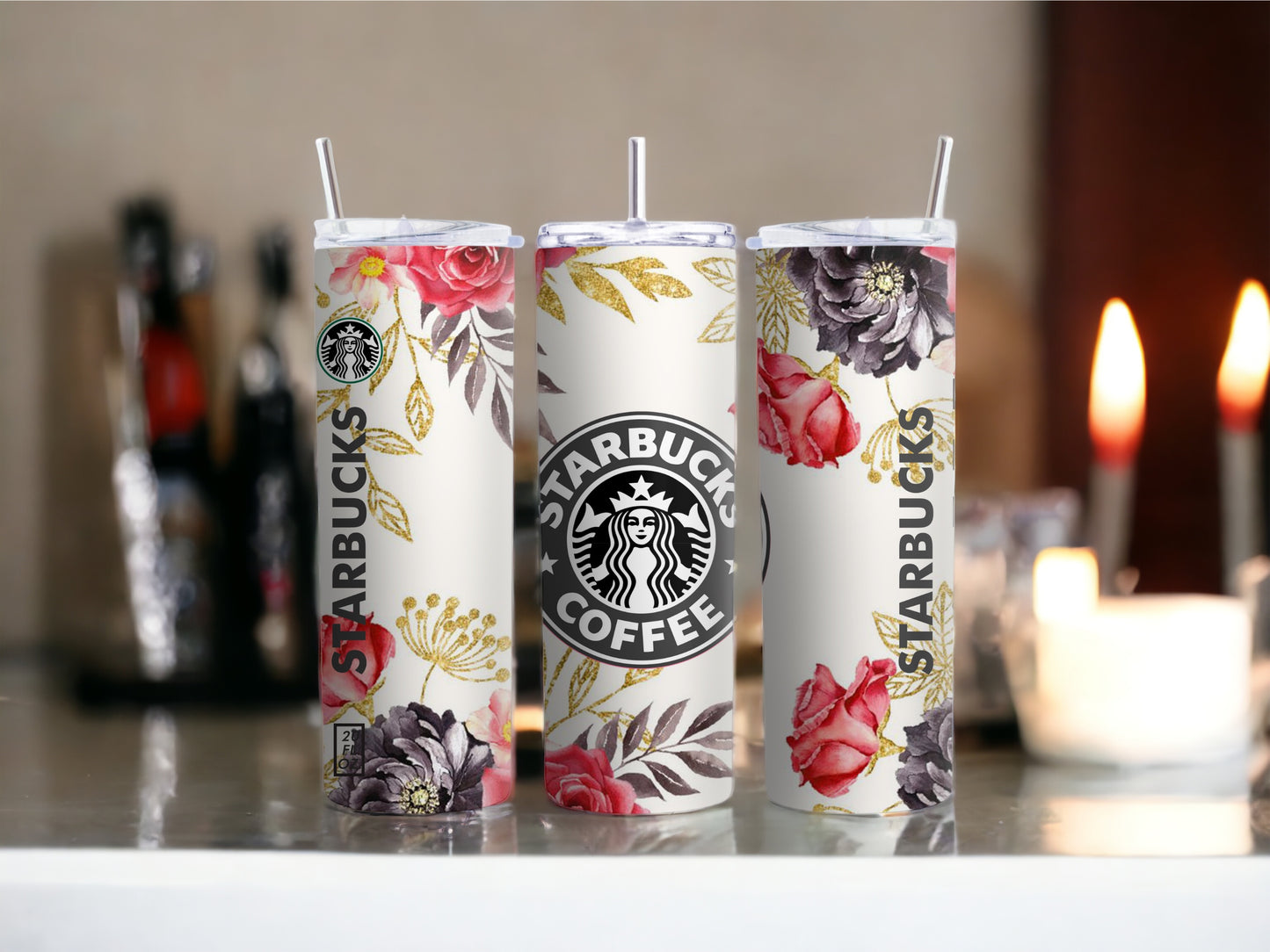 Floral Starbucks Inspired 20 Oz Skinny Tumbler