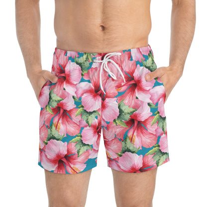 Mens Pink Hibiscus Swimming Trunks