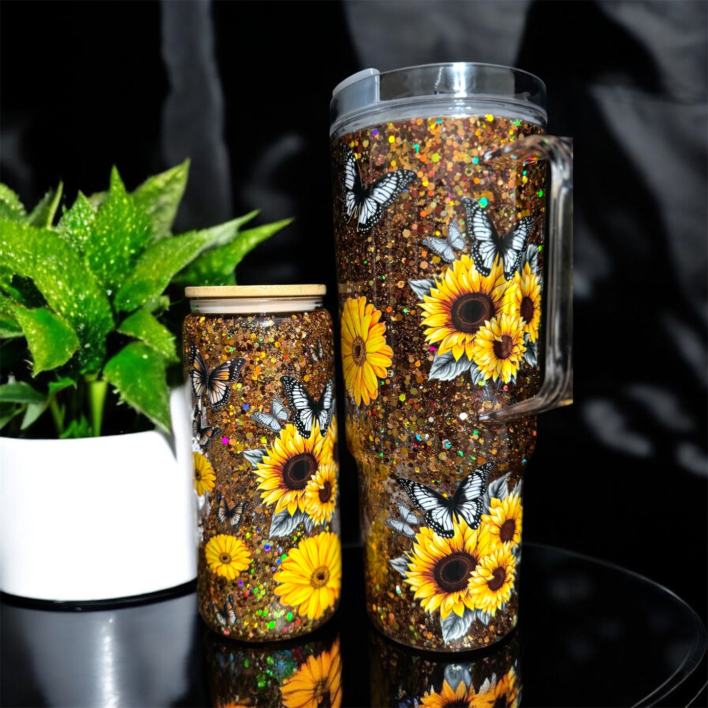 🌻Sunflower Glitter Tumbler Set, 40 oz Acrylic Cup & 20 oz Glass Snow Globe Jar, Cute Black Girl Drinkware Gift