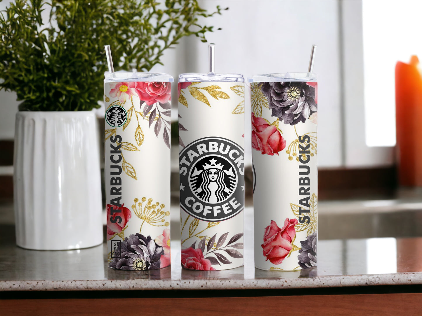 Floral Starbucks Inspired 20 Oz Skinny Tumbler