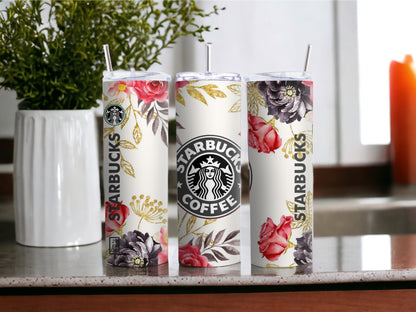 Floral Starbucks Inspired 20 Oz Skinny Tumbler