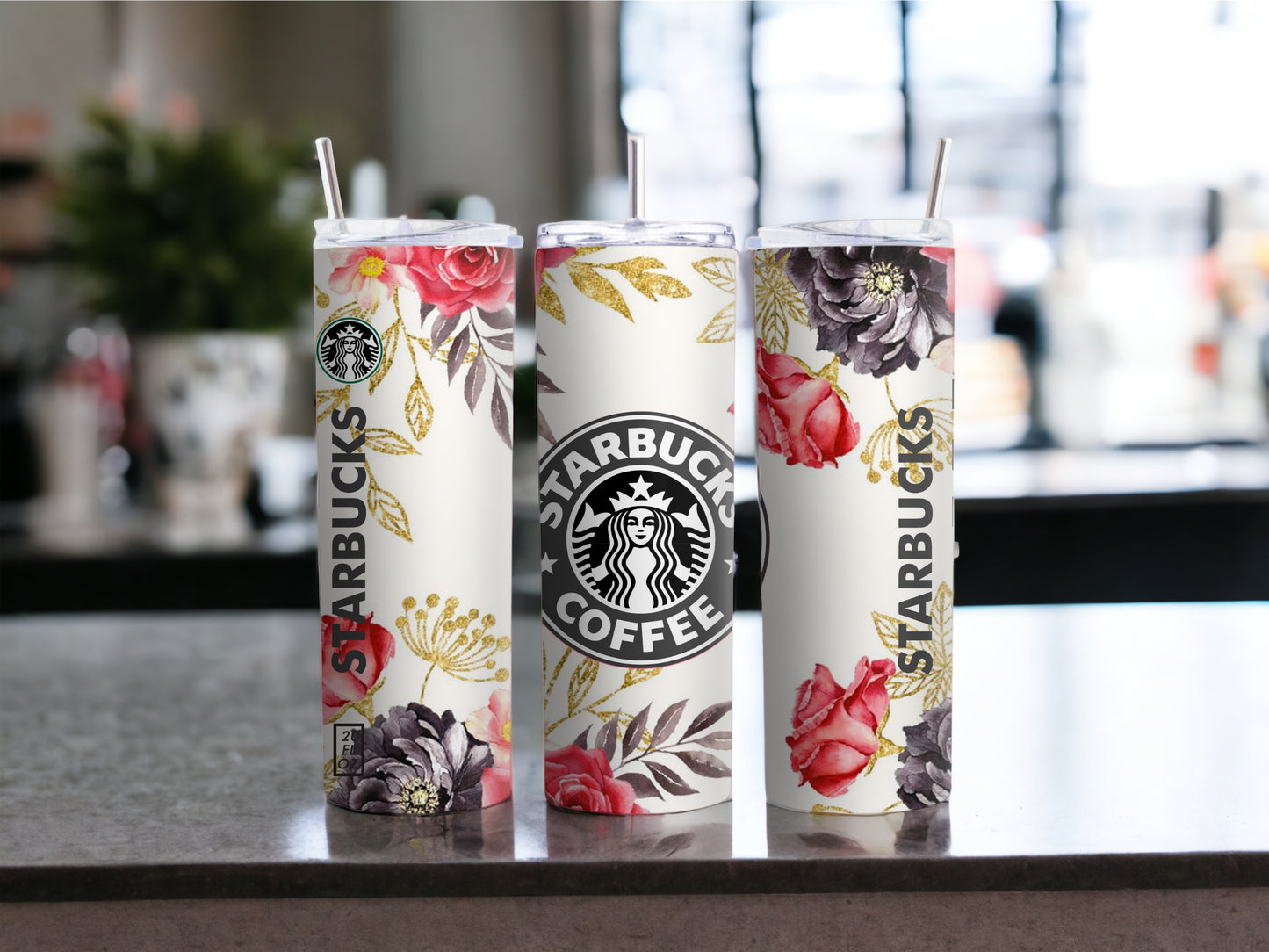 Floral Starbucks Inspired 20 Oz Skinny Tumbler