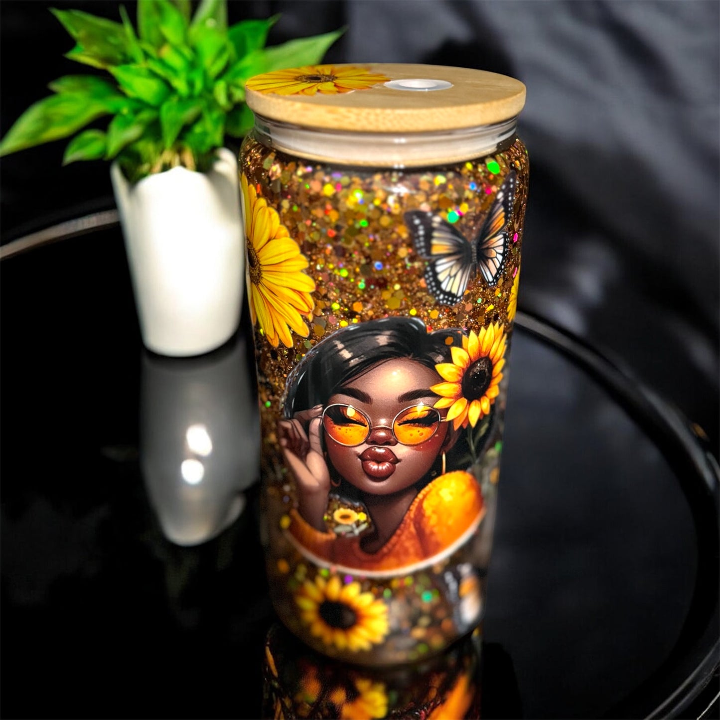 🌻Sunflower Glitter Tumbler Set, 40 oz Acrylic Cup & 20 oz Glass Snow Globe Jar, Cute Black Girl Drinkware Gift