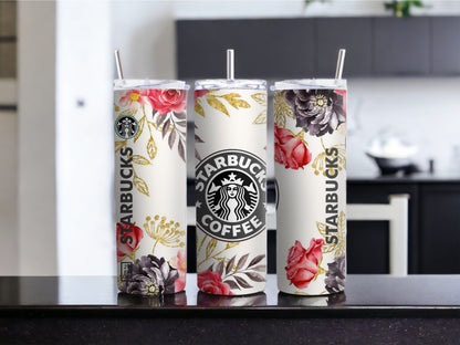 Floral Starbucks Inspired 20 Oz Skinny Tumbler