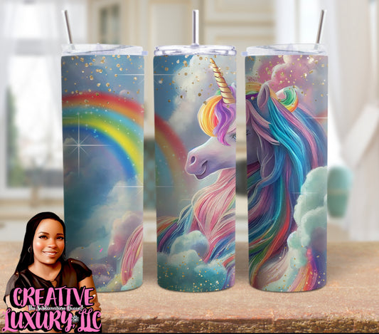 Vaso delgado de 20 oz con diseño de arcoíris y unicornio