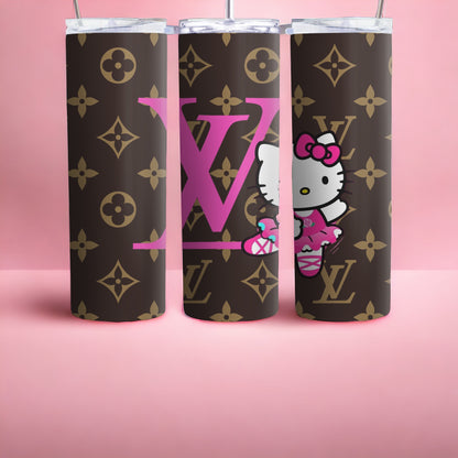 Vaso de lujo inspirado en el diseñador Hello Kitty, vaso delgado de 20 oz, vaso delgado de 20 oz, vaso con logotipo, logotipo de marca de moda, vaso 