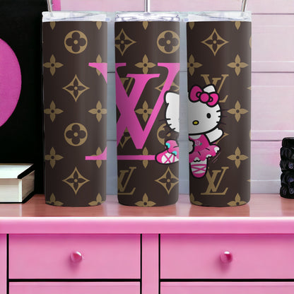 Vaso de lujo inspirado en el diseñador Hello Kitty, vaso delgado de 20 oz, vaso delgado de 20 oz, vaso con logotipo, logotipo de marca de moda, vaso 