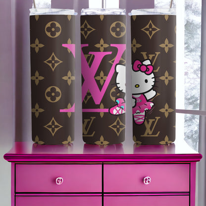 Vaso de lujo inspirado en el diseñador Hello Kitty, vaso delgado de 20 oz, vaso delgado de 20 oz, vaso con logotipo, logotipo de marca de moda, vaso 