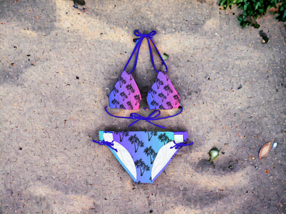 Conjunto de bikini con tiras y diseño de palmeras para él y para ella