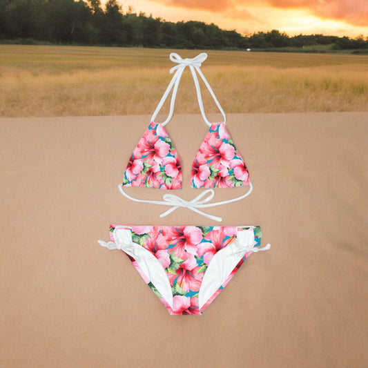 Conjunto de bikini con tiras de hibisco rosa para mujer