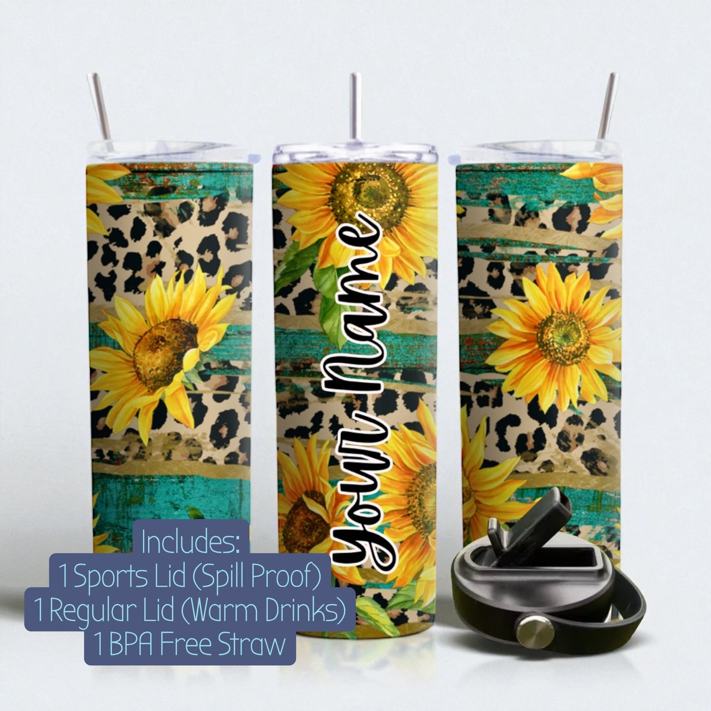 ✨ Personalized Sunflower Tumbler — Vibrant Blue • Includes 2 Lids ✨