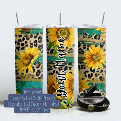 ✨ Personalized Sunflower Tumbler — Vibrant Blue • Includes 2 Lids ✨