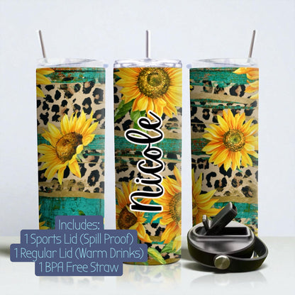 ✨ Personalized Sunflower Tumbler — Vibrant Blue • Includes 2 Lids ✨