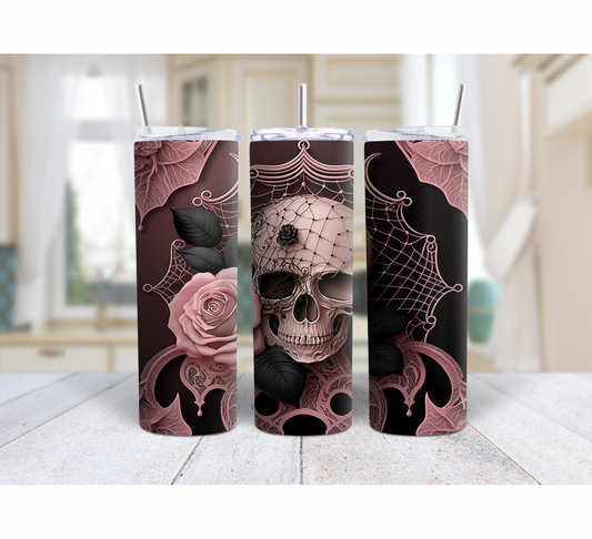 Vaso estrecho de 20 onzas con calavera y rosas